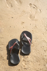 Beach slippers stand on sand