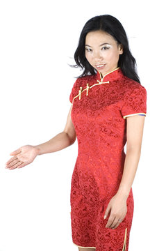 Asian girl kind, welcoming by hand gesture