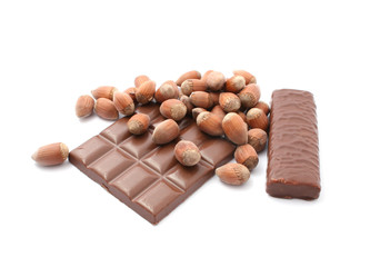 chocolate bars with hazelnuts isolated on white