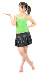 Beautiful young girl with her palm up, isolated on white