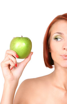 healthy young girl with hresh green apple