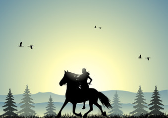 Woman and horse at sunset in a forest © Ube
