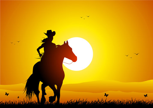 Horseman and horse at sunset
