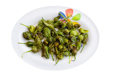 a tray with a snack of fried green peppers