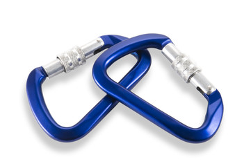 two vibrant blue Karabiners isolated on white with clipping path