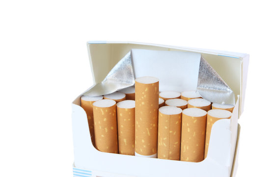 Box of cigarettes with one up isolated on white
