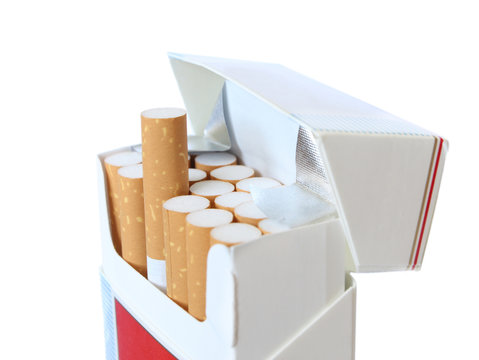 Box of cigarettes with one up isolated on white
