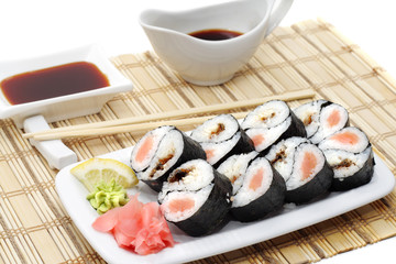 Yin Yang Rolls Serve with Soy Sauce and Chopsticks