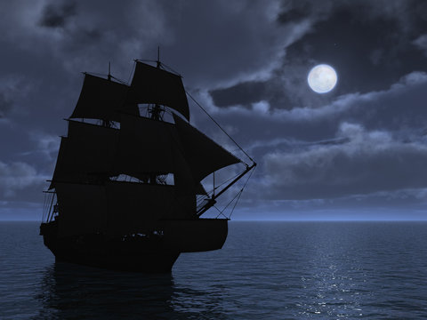 Tall Ship In Moonlight - 3d Render.