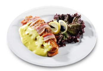 Salmon Steak in Bacon Isolated on White Background