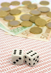 Dices thrown on binary background with euro currency