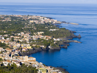 Panorama aerial on the sea and the village of the lemons coast
