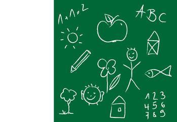 Schultafel mit ABC und Motiven zum Schulanfang