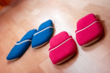 Red and vlue slippers on the floor