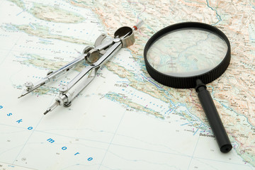 navigation concept - map with navigation tools