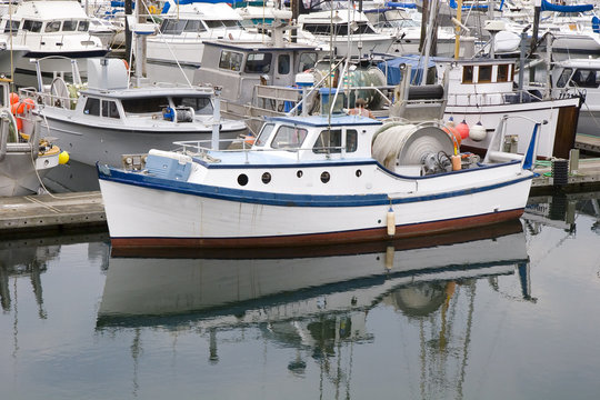 A blue and white fishing boat in a harbor