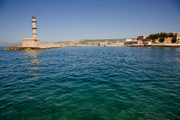 venetian port with lighthouse of Chania, greek island of crete