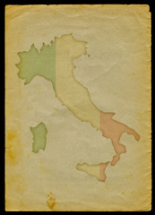 Italy map with flag inside engraved on a old paper page