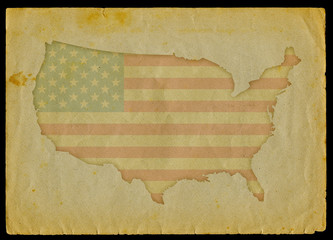 USA map with flag inside engraved on a old paper page