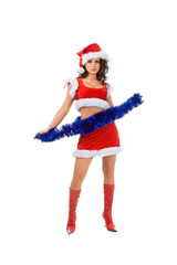 Beautiful girl derssed for christmas with blue garland