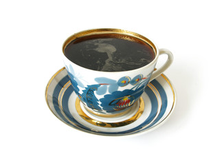 Blue cup of black coffee isolated on the white