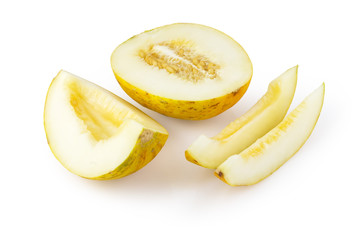 muskmelon half and slice on white background