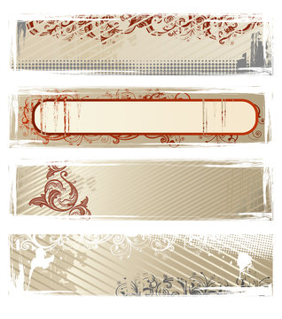 Set of beige and red grunge floral banners