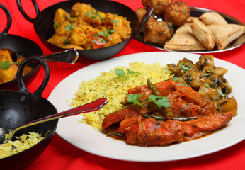 Chicken Jalfrezi with vegetable curry and rice