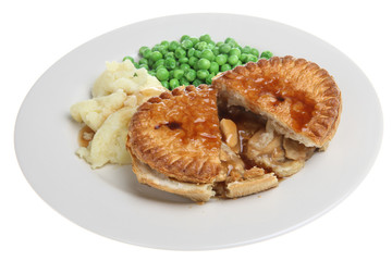 Individual chicken pie with mashed potato, peas and gravy