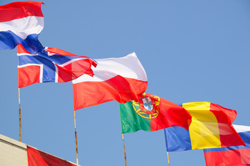 various national flags flapping in the wind