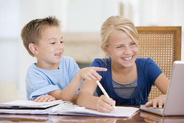 Boy Pointing At Big Sisters Homework On Laptop