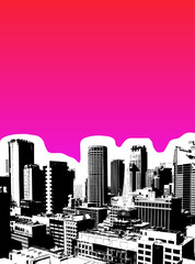 Black city with pink background. Vector art