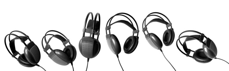 six big black headphones on a white background