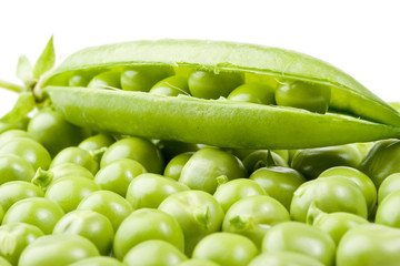 Fresh pods of peas on a white background