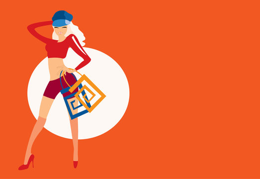 vector image of girl posing after shopping