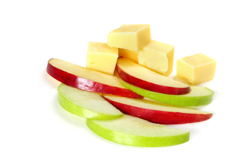 Slices of green and red apple with cubes of cheese. © robynmac