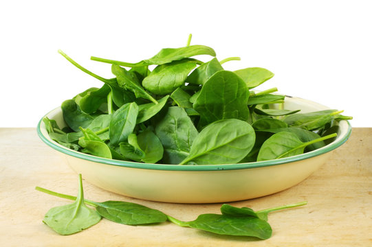 Old enamel bowl full of baby spinach leaves