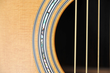 Closeup of the rosace of a guitar with nacre decoration