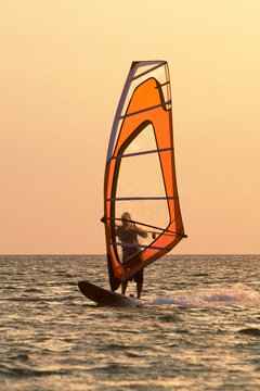 Windsurfer on waves of a gulf on a sunset