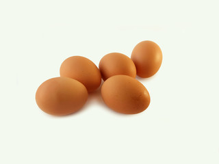 Five eggs isolated on the white background