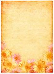 Flowers on a background of aged and mottled paper.