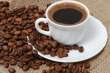 Coffee cup close-up over dark roasted coffee beans