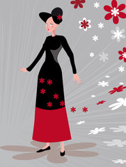 personnage féminin sur fond graphique gris avec fleurs rouges, b