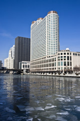 Fototapeta na wymiar Frozen Chicago River - downtown Chicago