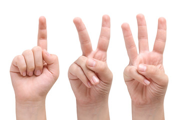Child hands showing one, two and three fingers - obrazy, fototapety, plakaty
