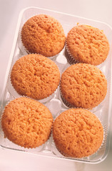 Six fruitcakes lay in plastic transparent packing