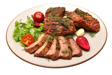 served roasted beef steak on color dish