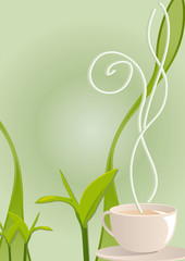 Vector illustration of a tea hot smoking cup with tea leaves