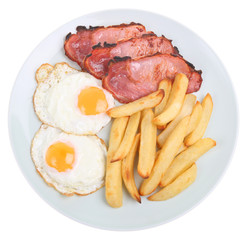 Bacon, fried eggs and chips isolated on white