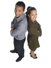 businessman and businesswoman standing back to back.